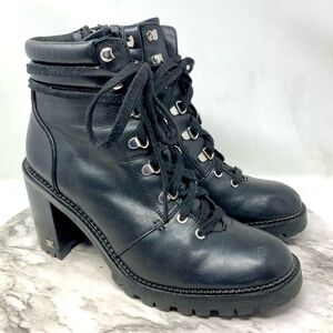 Sam Edelman Sade Black Leather Block Heel Hiker Boots 9.5 Gorpcore Moto Chunky